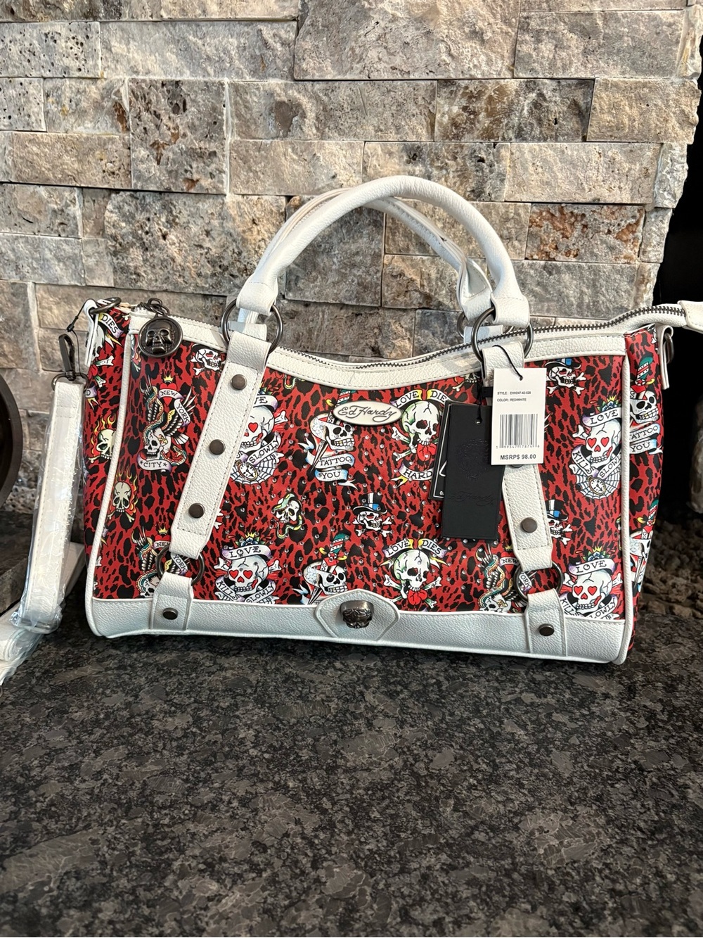Ed Hardy Rhinestone Skull Cheetah Print Crossbody Satchel NWT